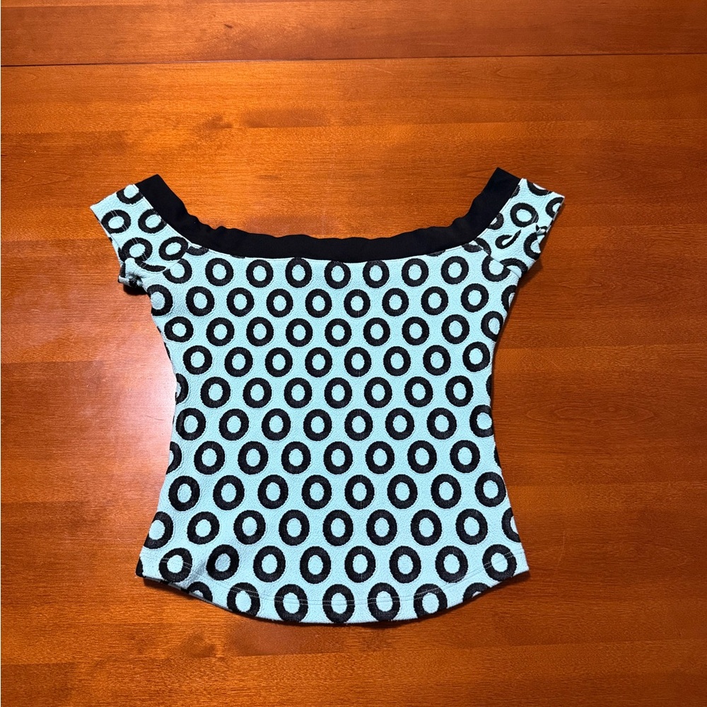 Bebe Black and Blue Circle Pattern Blouse